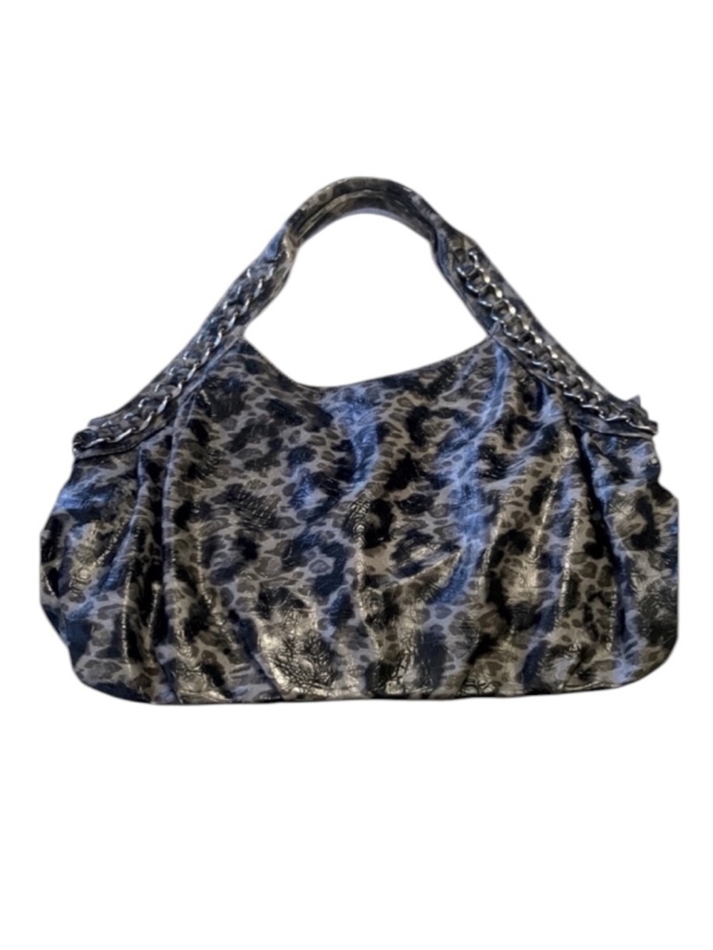 ALDO black/grey leopard bag, top handles, chains. faux leather, zip, pocket. EUC